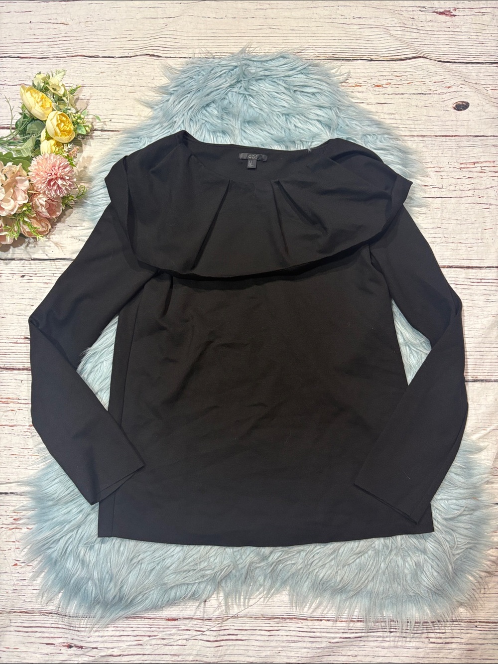 COS Black Minimalist Ruffle Trim Boatneck Blouse